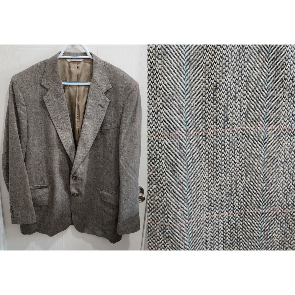 VTG Stafford Gray Herringbone‎ 2 Button Suit Jacket Blazer Size 46L USA MADE
